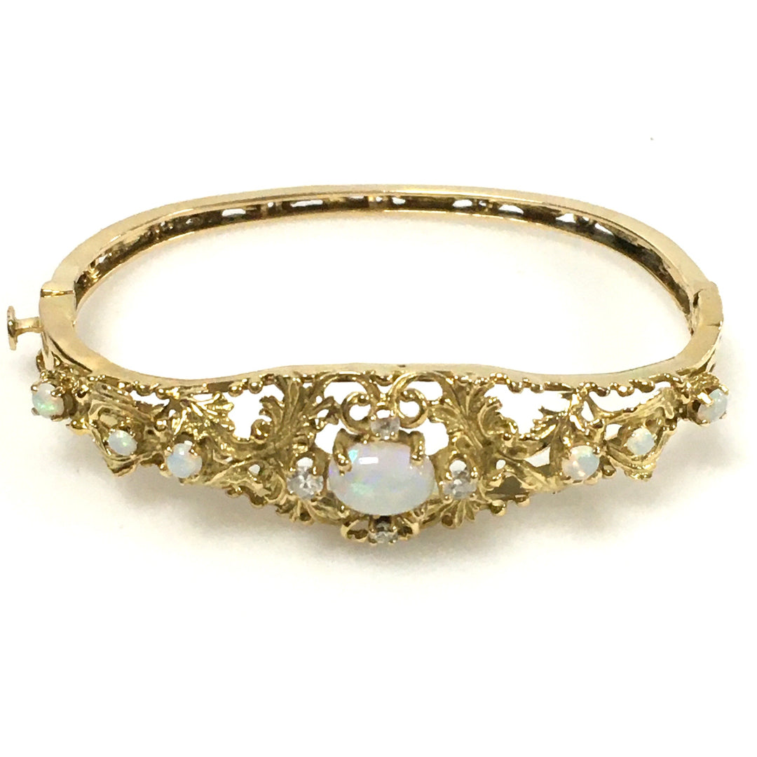 v677 Vintage 14k Yellow Gold Filigree Opal Diamond Hinged Bangle Bracelet 6.5"