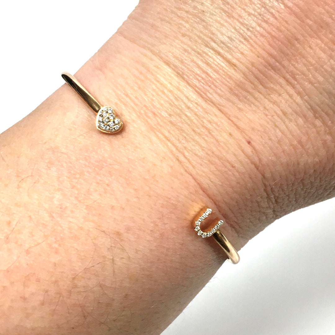 v678 Vintage 18k Yellow Gold Open Cuff Bangle Bracelet Diamond Heart & Letter U