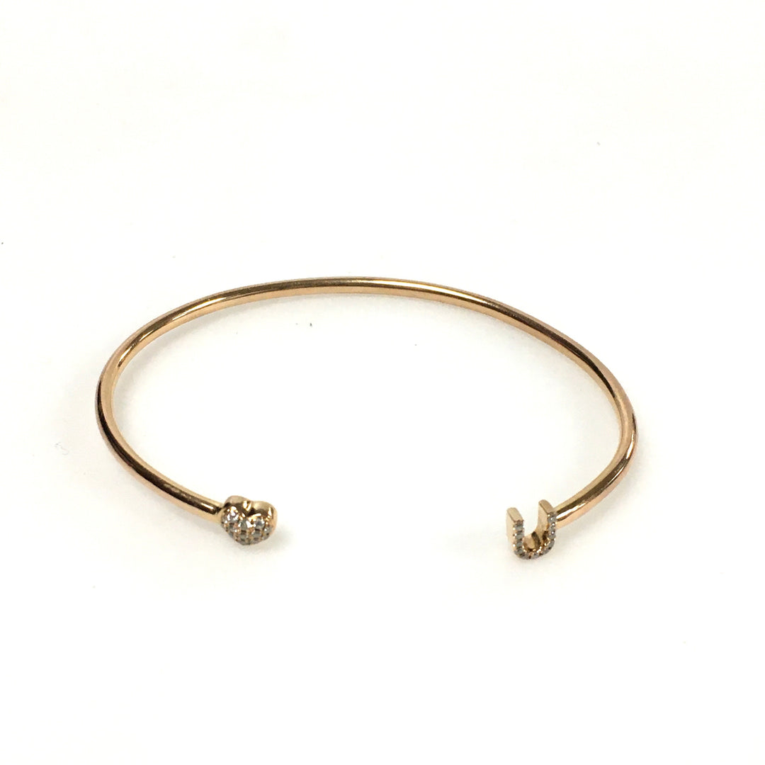v678 Vintage 18k Yellow Gold Open Cuff Bangle Bracelet Diamond Heart & Letter U