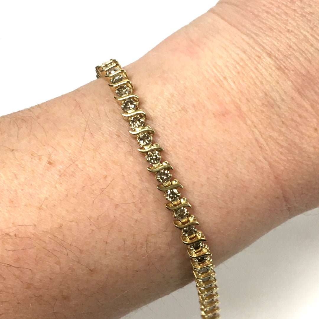 v679 Vintage 10k Yellow Gold S-Link Tennis Bracelet 4cts Row-set Diamond 7" Long