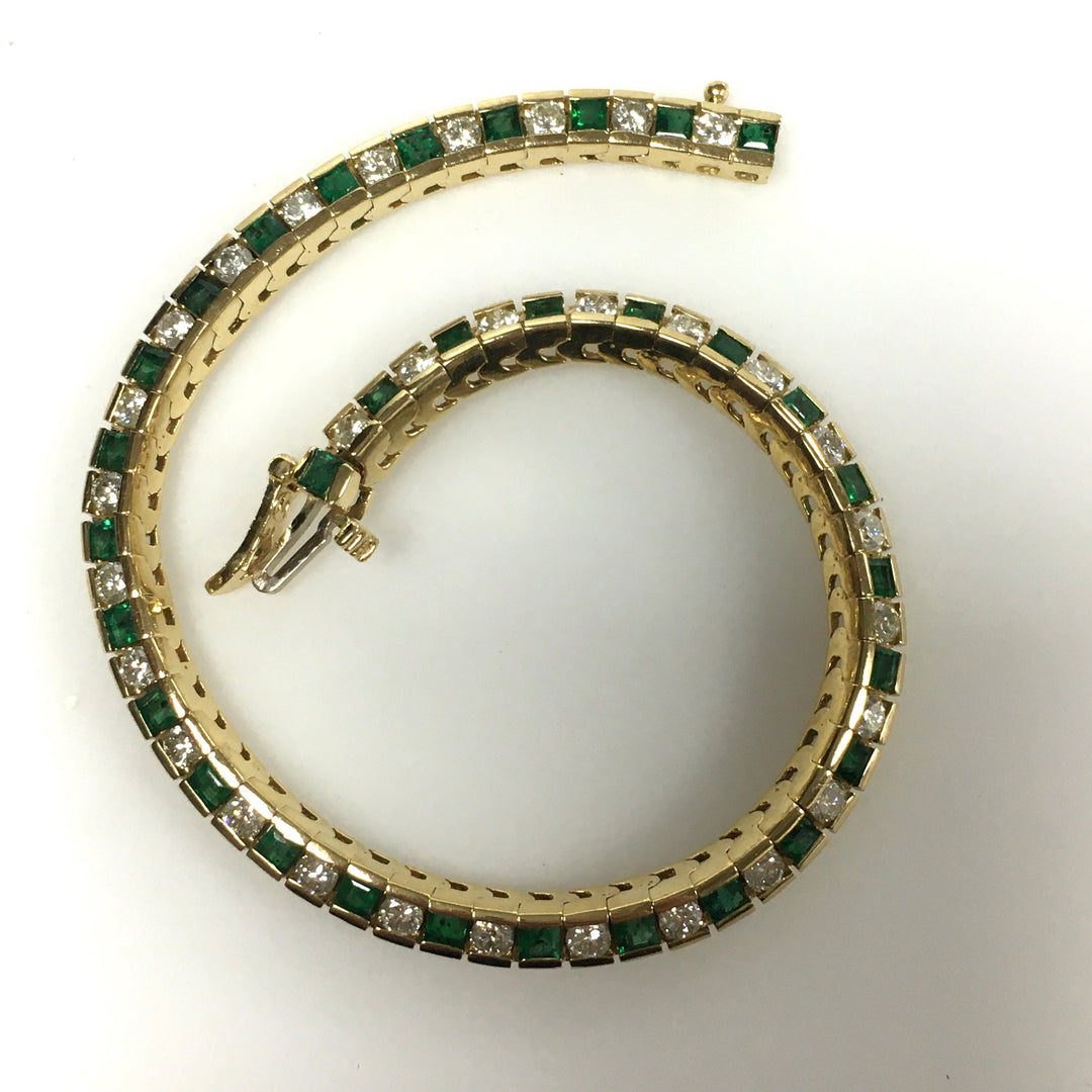 v680 Vintage 14k Yellow Gold Row-set Diamond Emerald Tennis Bracelet 7" Long