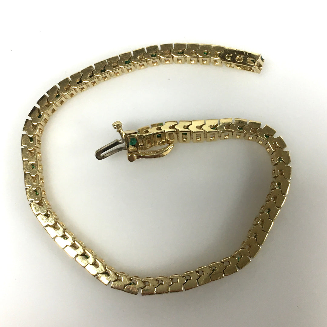 v680 Vintage 14k Yellow Gold Row-set Diamond Emerald Tennis Bracelet 7" Long