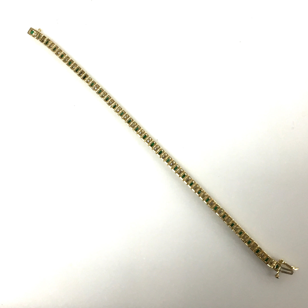 v680 Vintage 14k Yellow Gold Row-set Diamond Emerald Tennis Bracelet 7" Long