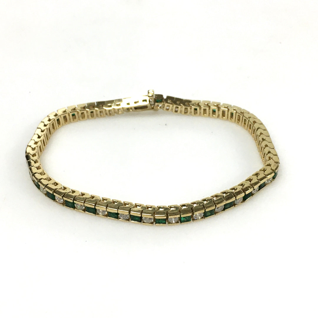 v680 Vintage 14k Yellow Gold Row-set Diamond Emerald Tennis Bracelet 7" Long