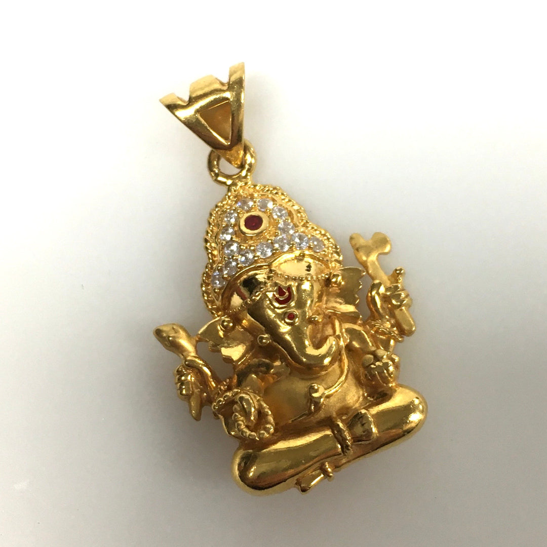v682 Vintage 22K Yellow Gold Lord Ganesha Pendant Charm with Ruby & Cubic Zirconia Stones