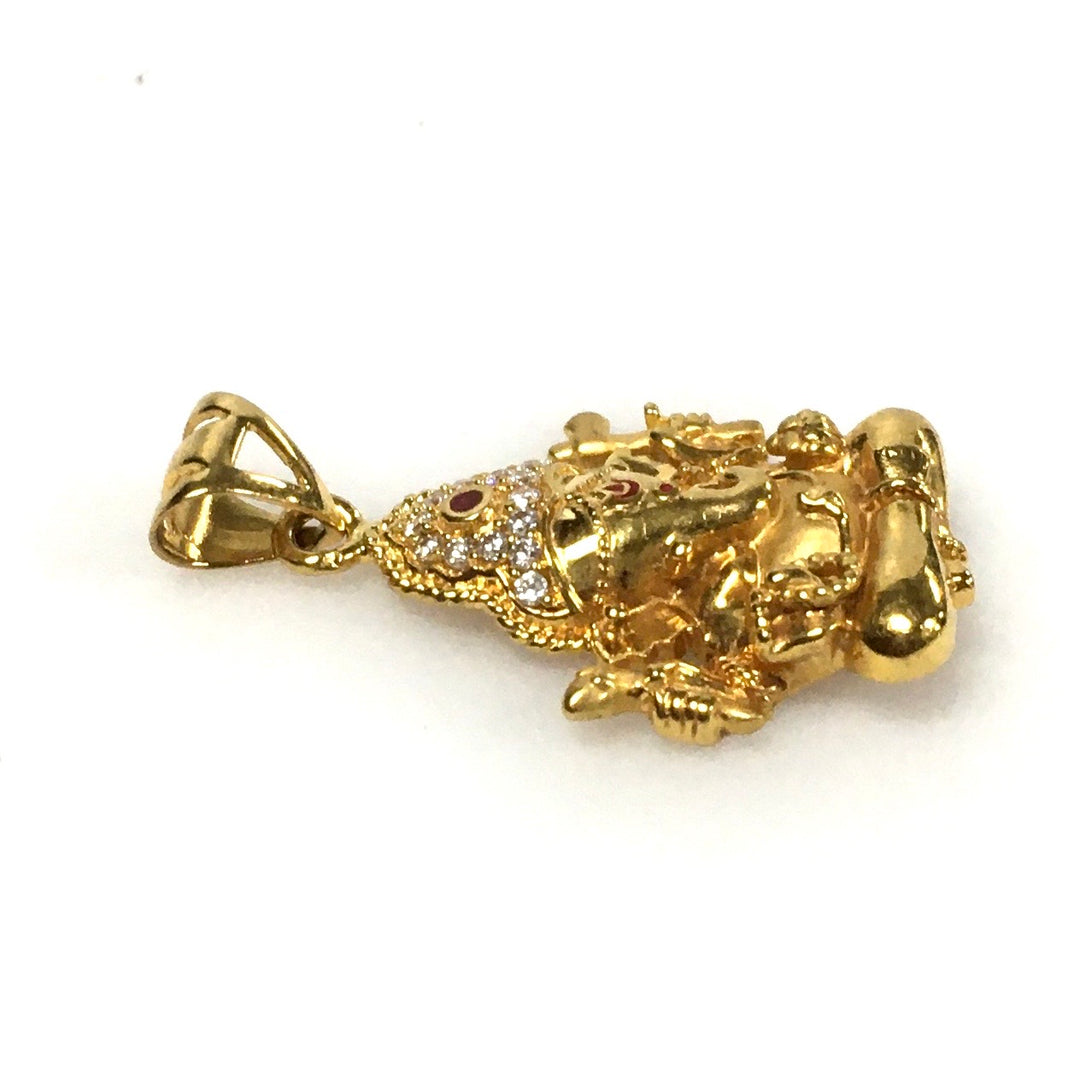 v682 Vintage 22K Yellow Gold Lord Ganesha Pendant Charm with Ruby & Cubic Zirconia Stones