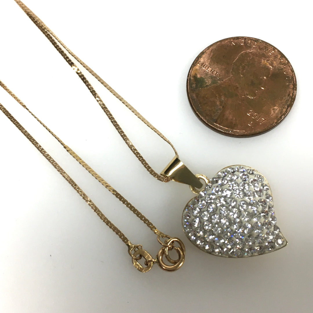 v685 Vintage 14K Yellow Gold Heart Pendant Necklace with Pavé-set Crystal 18" Long