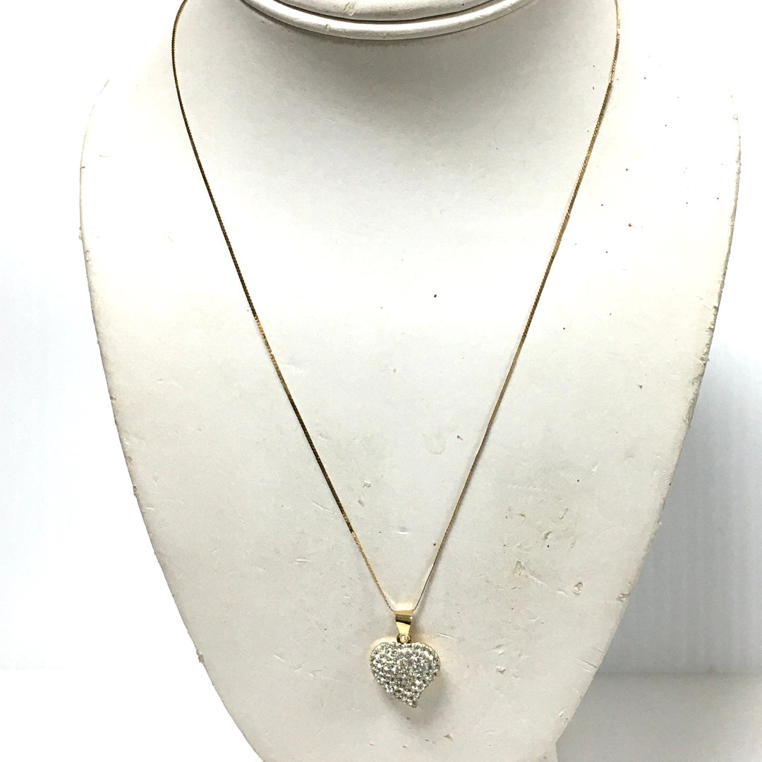 v685 Vintage 14K Yellow Gold Heart Pendant Necklace with Pavé-set Crystal 18" Long