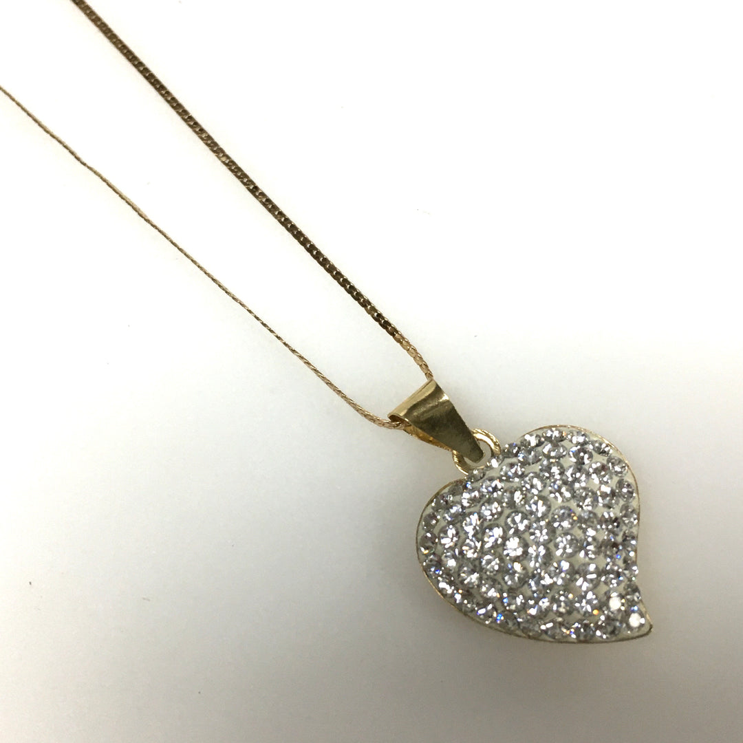 v685 Vintage 14K Yellow Gold Heart Pendant Necklace with Pavé-set Crystal 18" Long