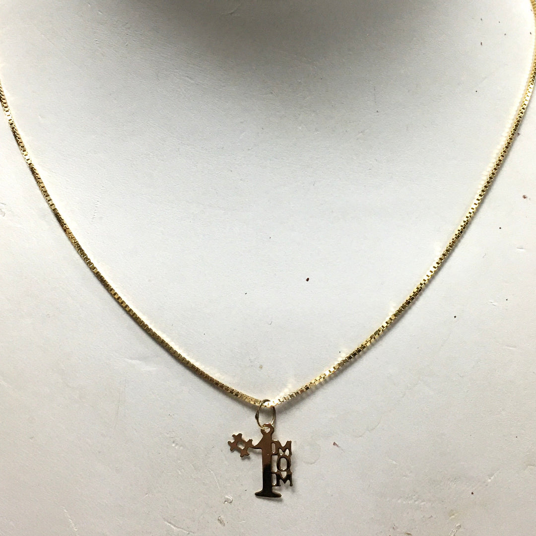 v687 Vintage 14K Yellow Gold #1 Mom Pendant Box Chain Necklace 16" Long Mother's Day