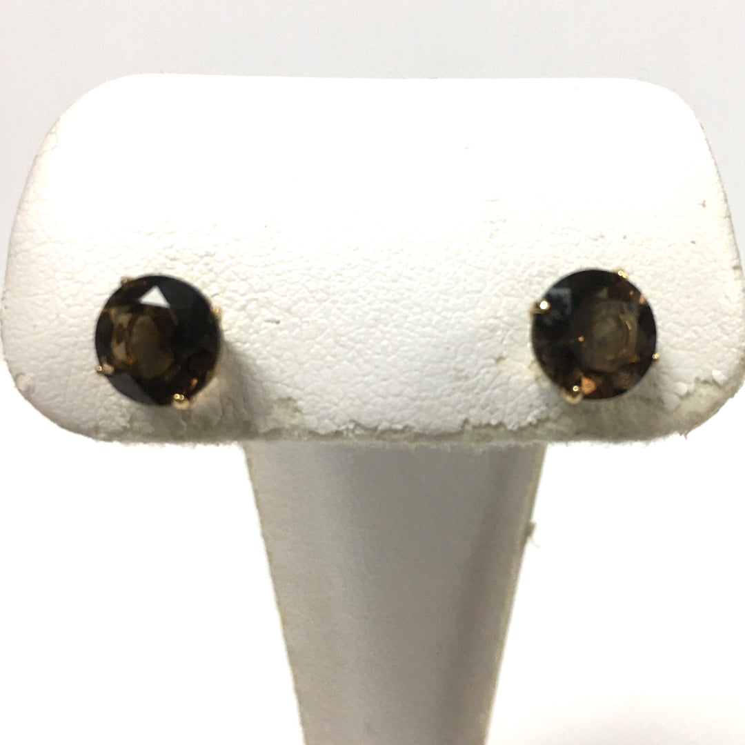 v690 Vintage 14k Yellow Gold 8mm Smoky Quartz Stud Pierced Earrings