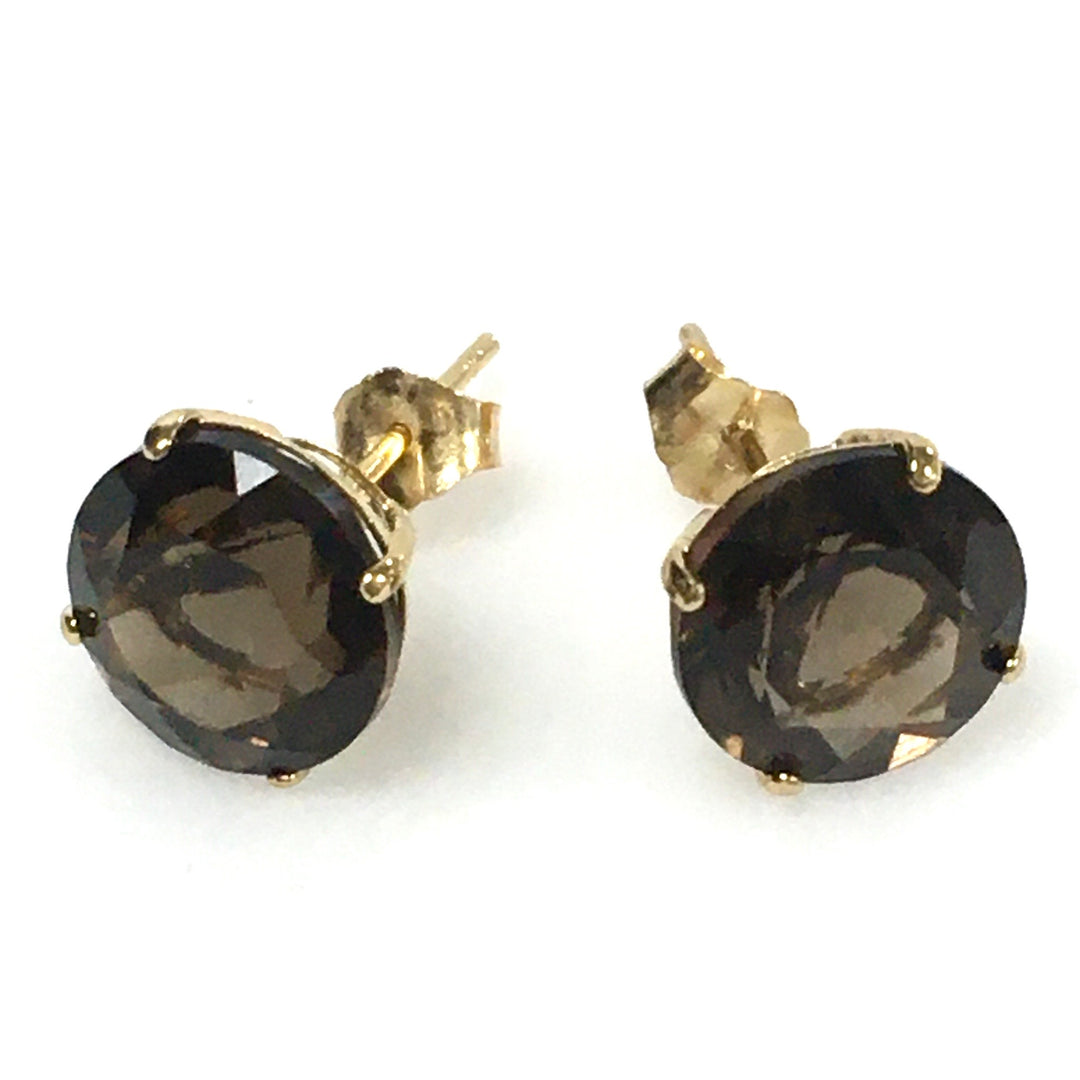 v690 Vintage 14k Yellow Gold 8mm Smoky Quartz Stud Pierced Earrings