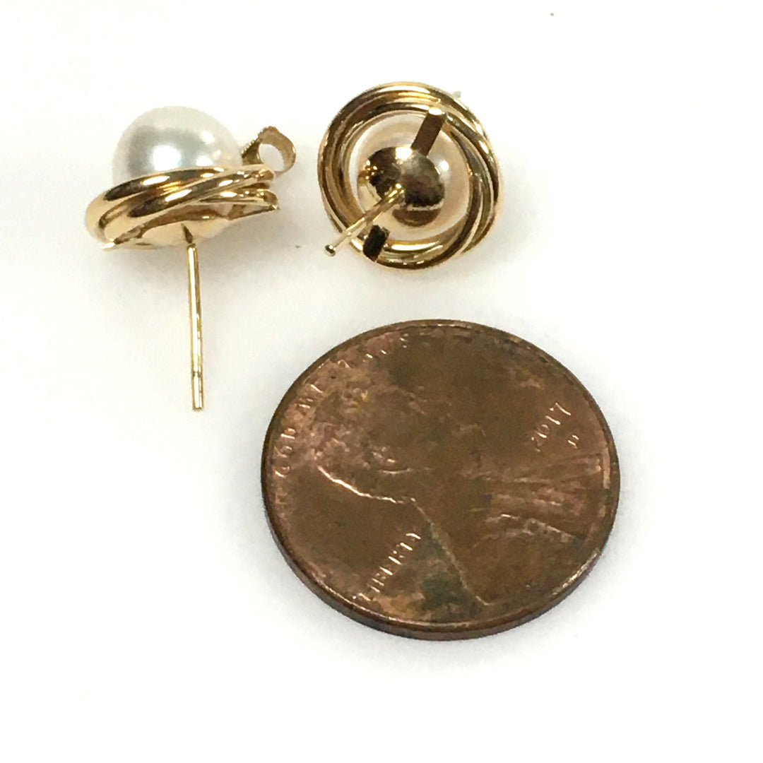 v694 Vintage 14k Yellow Gold Pearl Stud Pierced Earrings with Twisted Halo Design