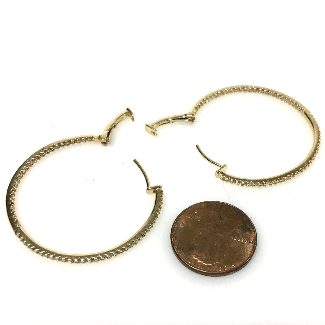 v719 Vintage 14k Yellow Gold Pierced Large Hoop Diamond Pavé Setting Earrings