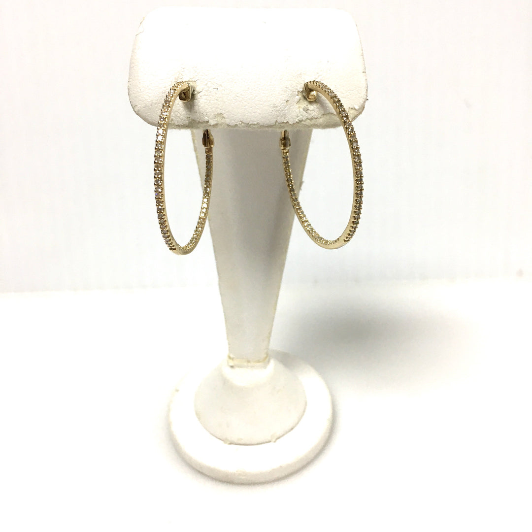 v719 Vintage 14k Yellow Gold Pierced Large Hoop Diamond Pavé Setting Earrings