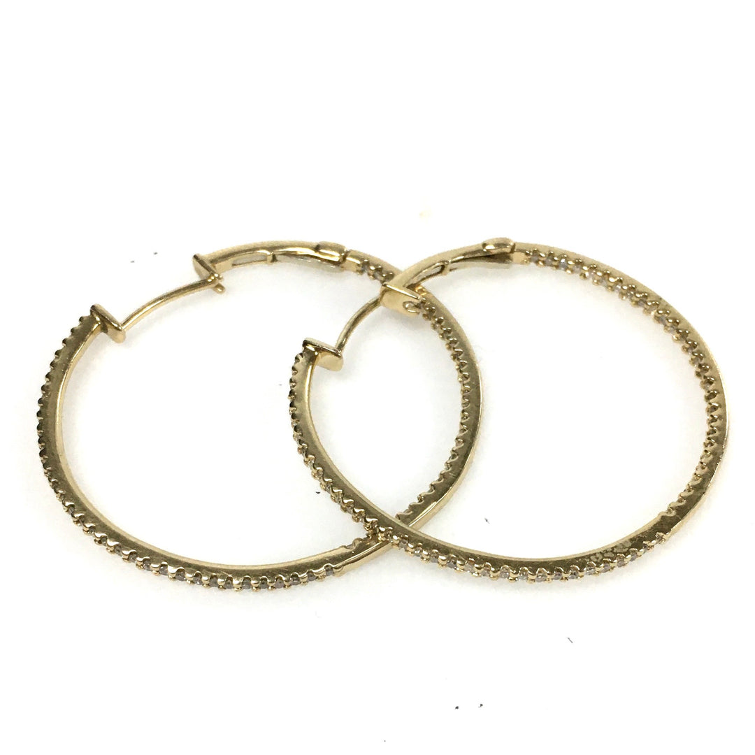 v719 Vintage 14k Yellow Gold Pierced Large Hoop Diamond Pavé Setting Earrings