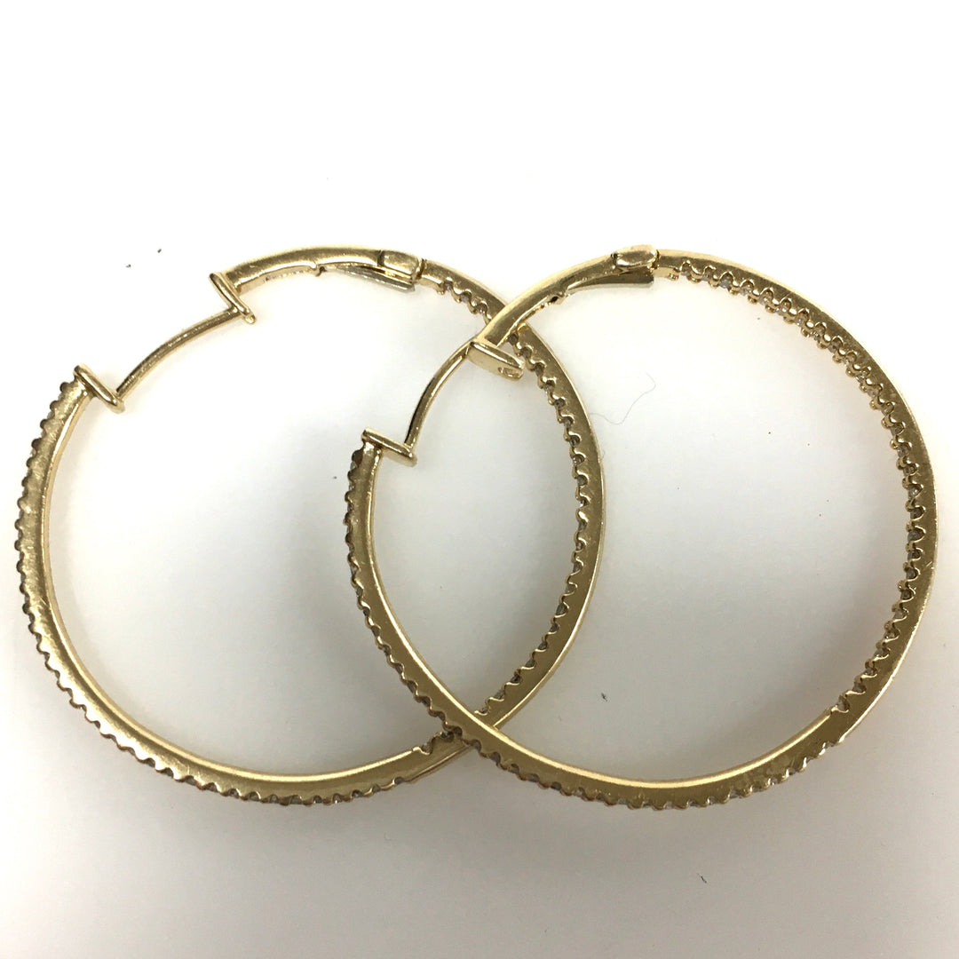 v719 Vintage 14k Yellow Gold Pierced Large Hoop Diamond Pavé Setting Earrings