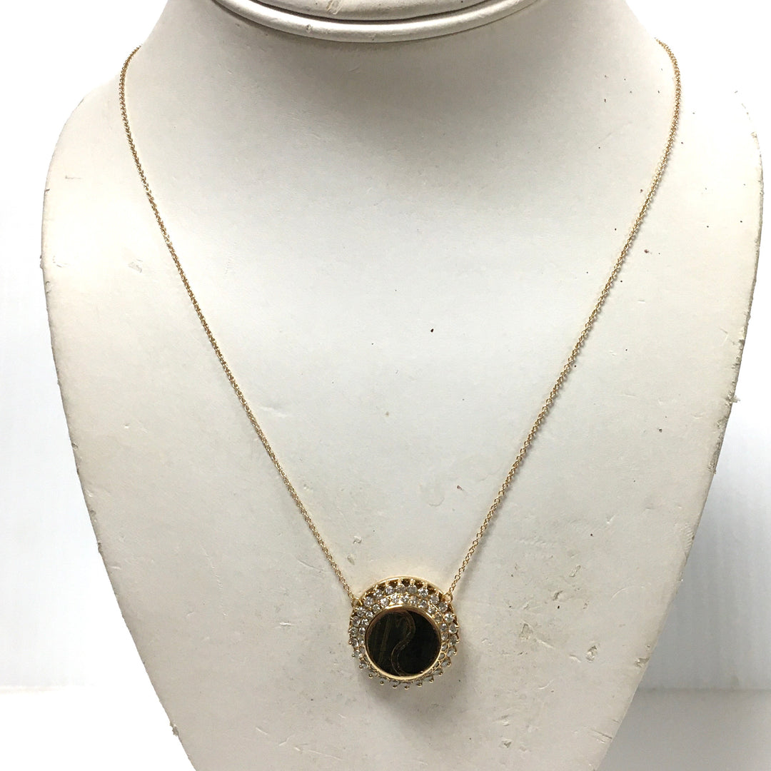 v721 Vintage 14K Yellow Gold Yin Yang Stone Diamond Halo Pendant 20" Long Chain