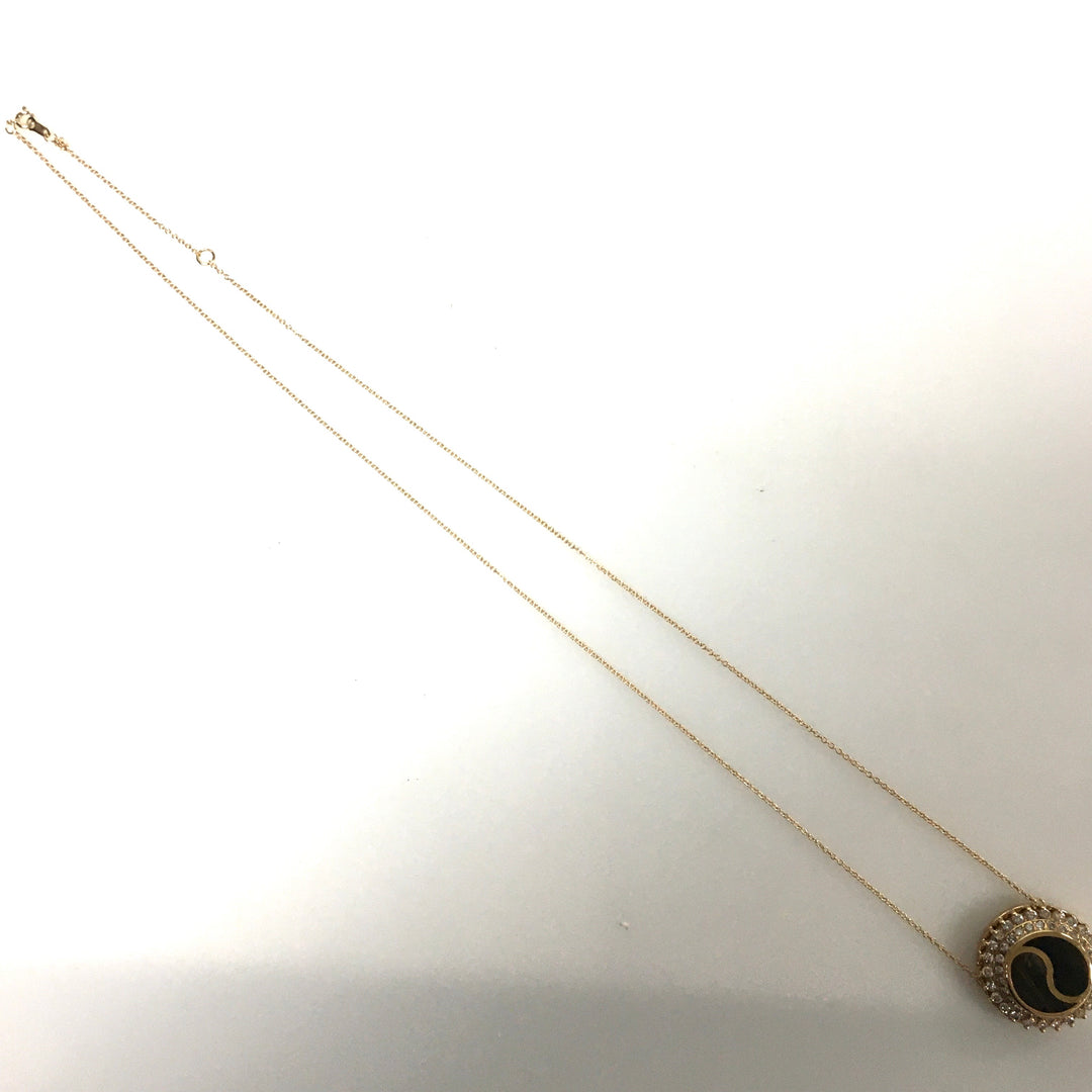 v721 Vintage 14K Yellow Gold Yin Yang Stone Diamond Halo Pendant 20" Long Chain
