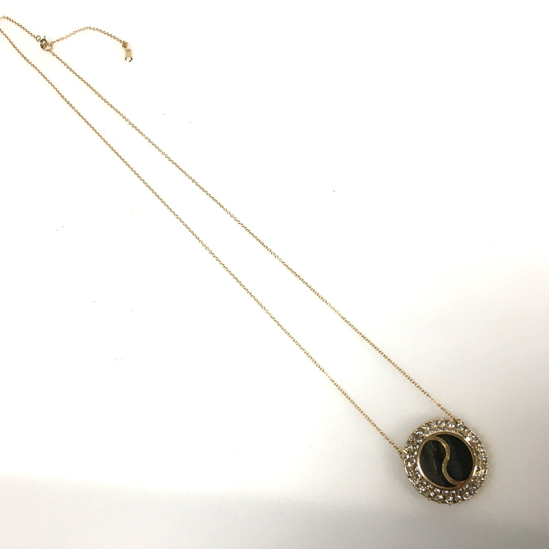 v721 Vintage 14K Yellow Gold Yin Yang Stone Diamond Halo Pendant 20" Long Chain