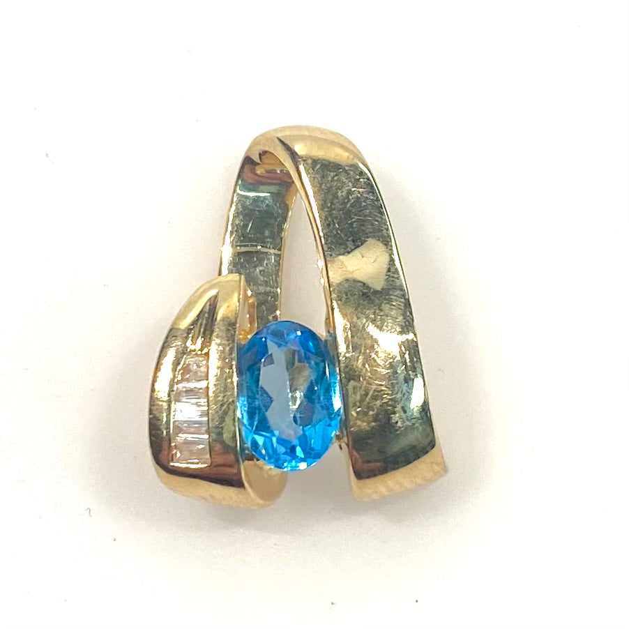 v730 Vintage 14k Yellow Gold Blue Topaz and Diamond Slide Pendant Charm