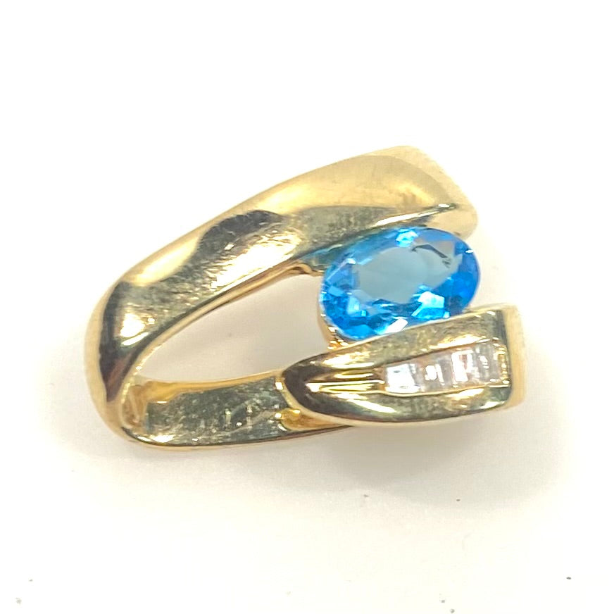 v730 Vintage 14k Yellow Gold Blue Topaz and Diamond Slide Pendant Charm