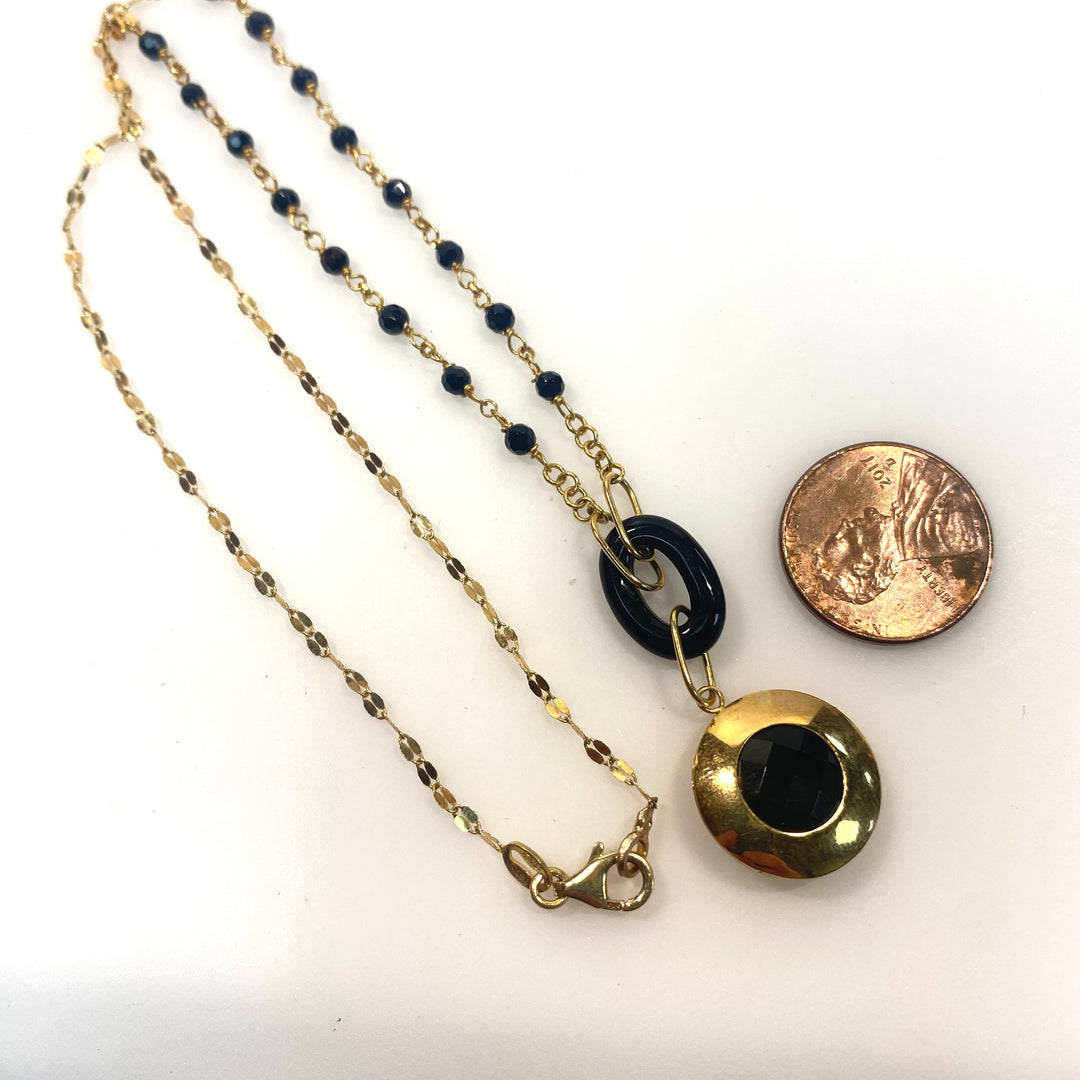 v731 Vintage 14K Yellow Gold Faceted Black Onyx Y Necklace Rosary-style Chain