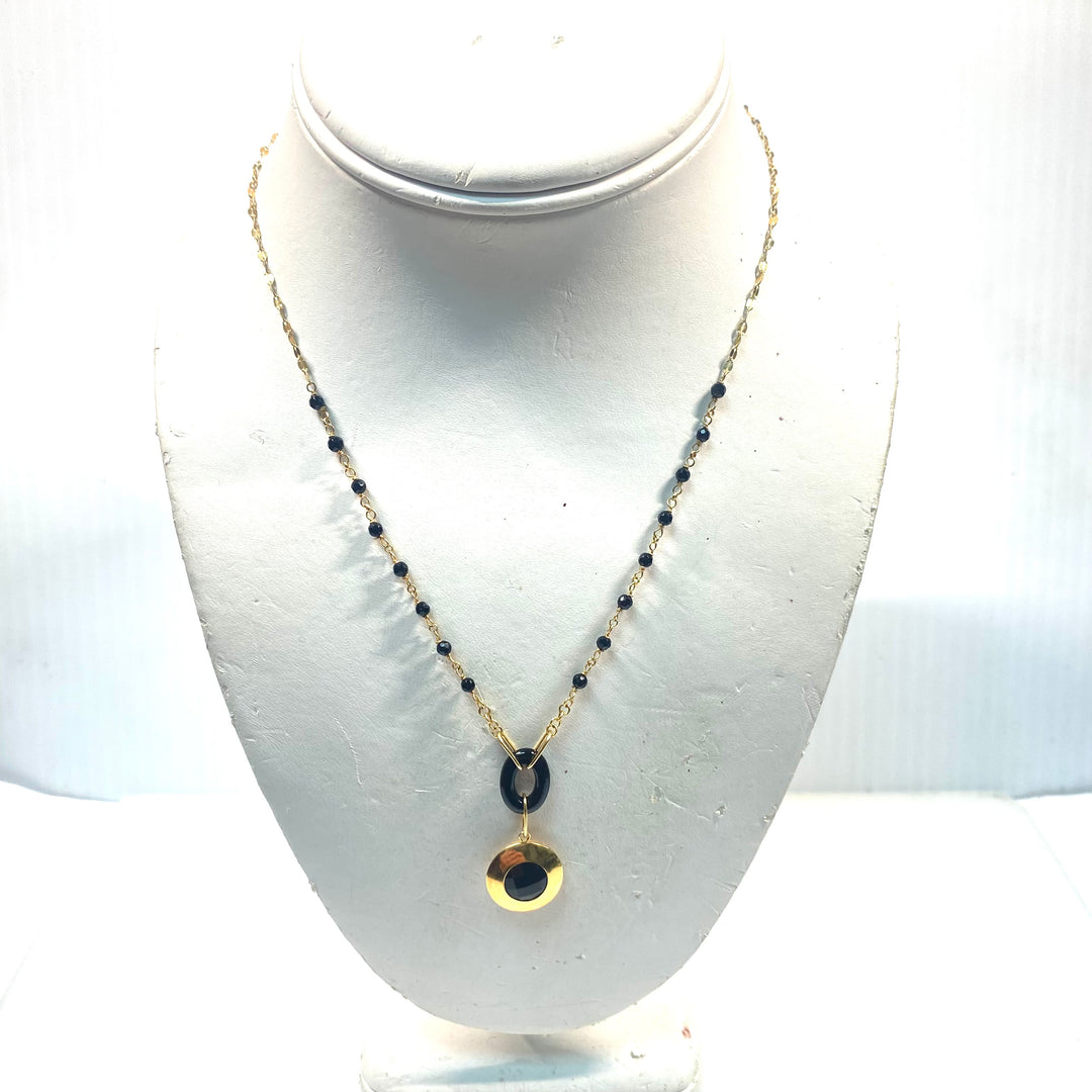 v731 Vintage 14K Yellow Gold Faceted Black Onyx Y Necklace Rosary-style Chain