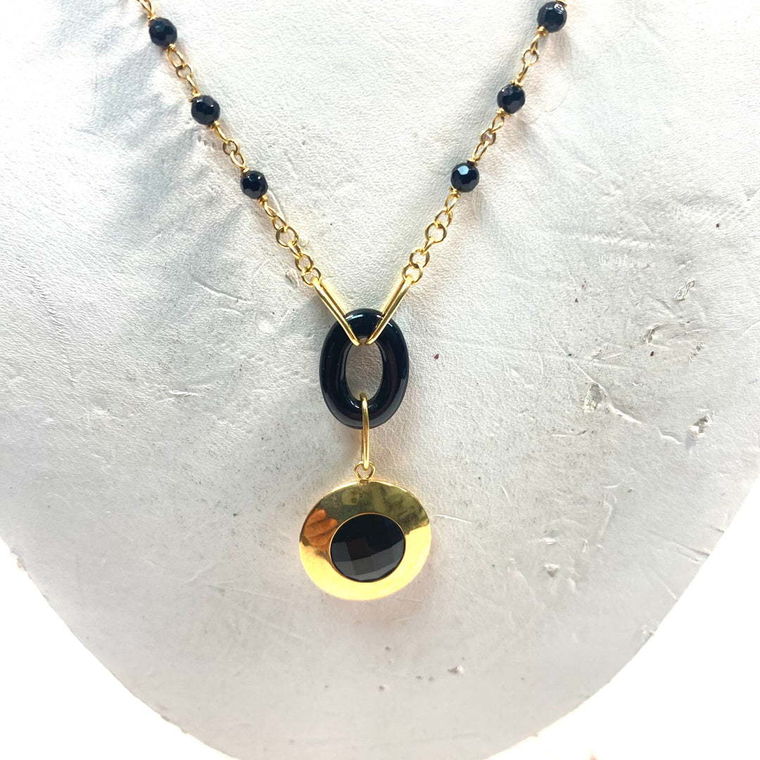v731 Vintage 14K Yellow Gold Faceted Black Onyx Y Necklace Rosary-style Chain