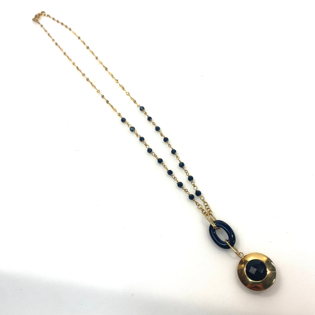 v731 Vintage 14K Yellow Gold Faceted Black Onyx Y Necklace Rosary-style Chain