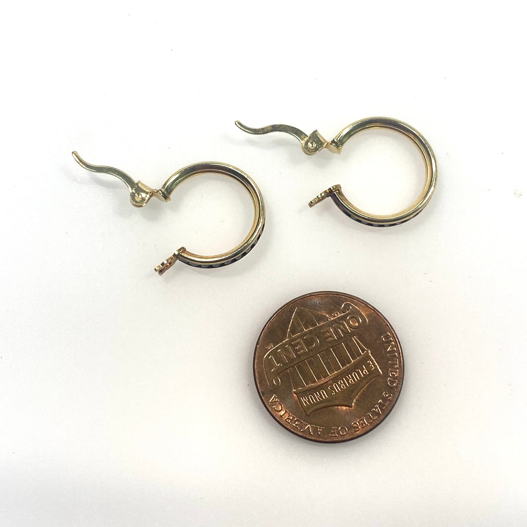 v737 Vintage 10k Yellow Gold Small 10mm Hoop Earrings with Accent Stones