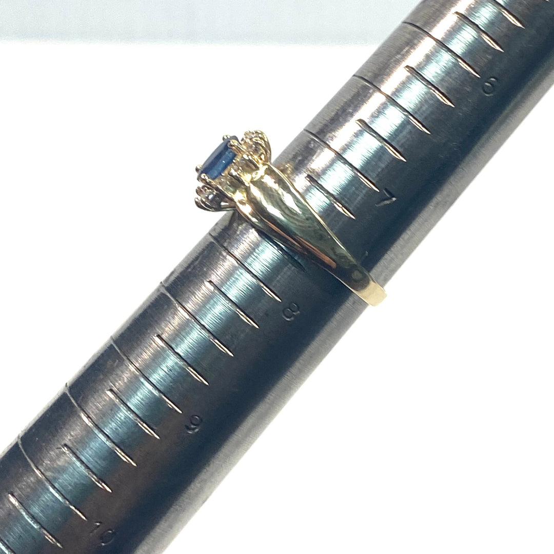 v738 Vintage 14K Yellow Gold Oval Blue Sapphire in Diamonds Halo Ring Size 7.5