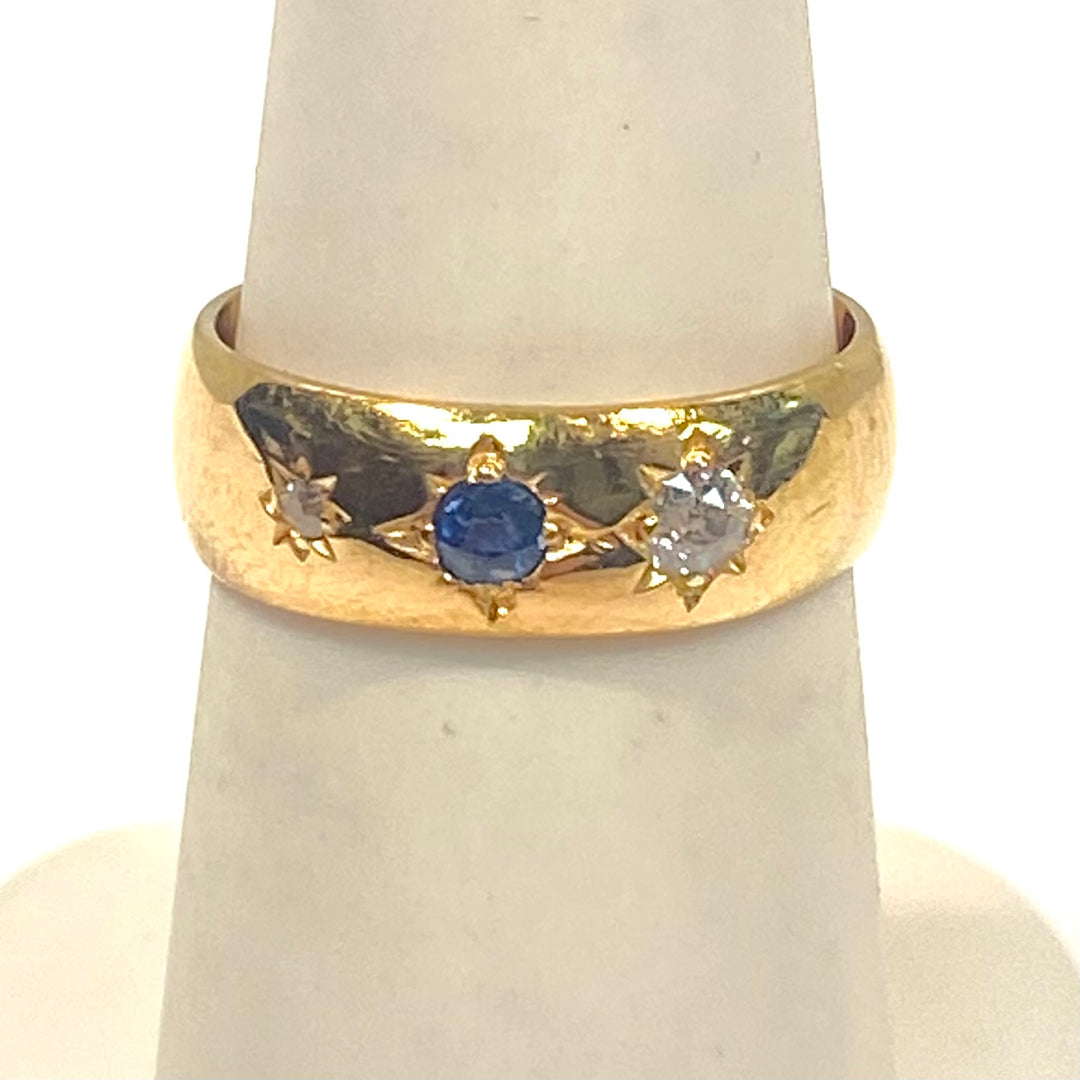 v741 Antique 18K Yellow Gold Blue Sapphire & Diamond Wedding Band Ring Size 5.5