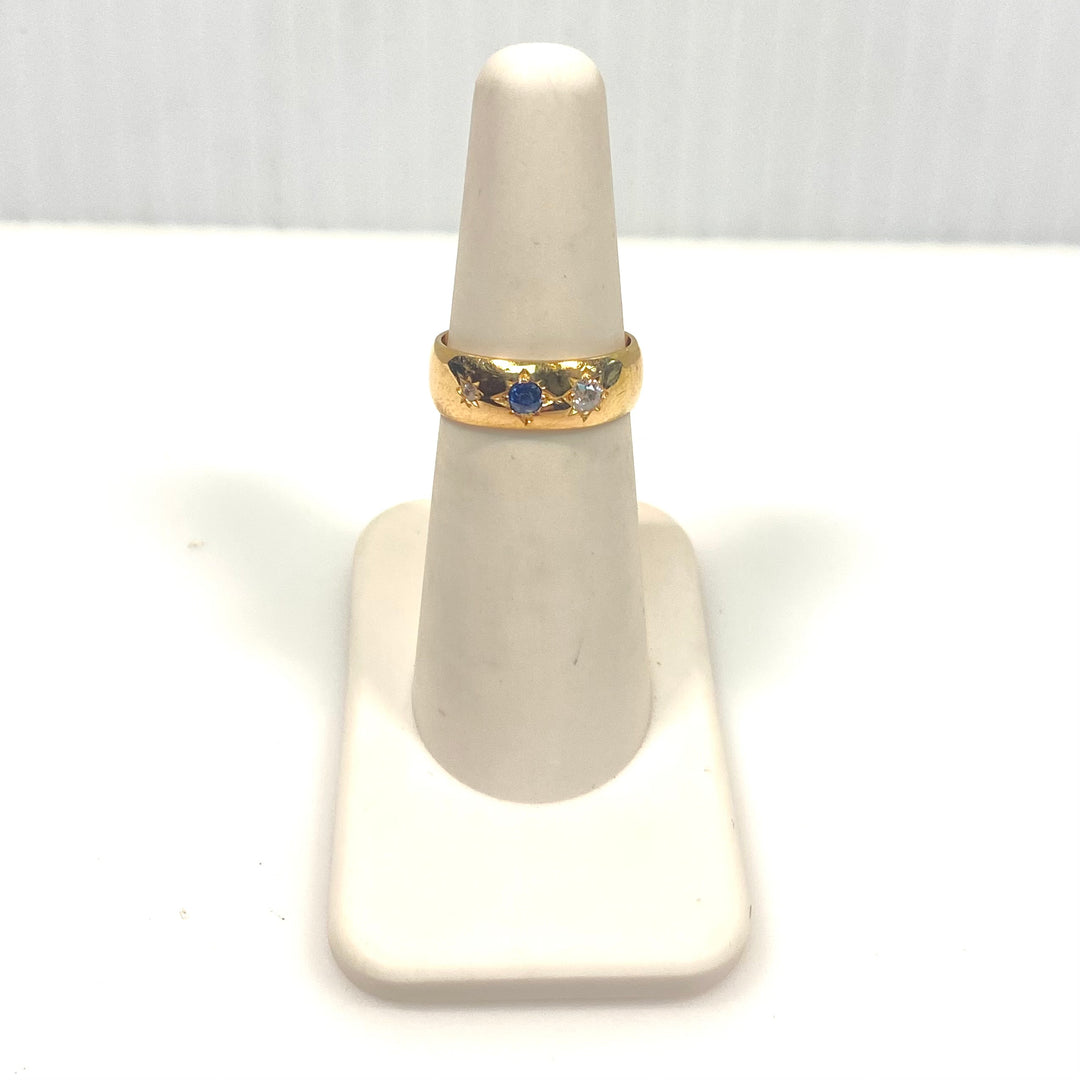 v741 Antique 18K Yellow Gold Blue Sapphire & Diamond Wedding Band Ring Size 5.5