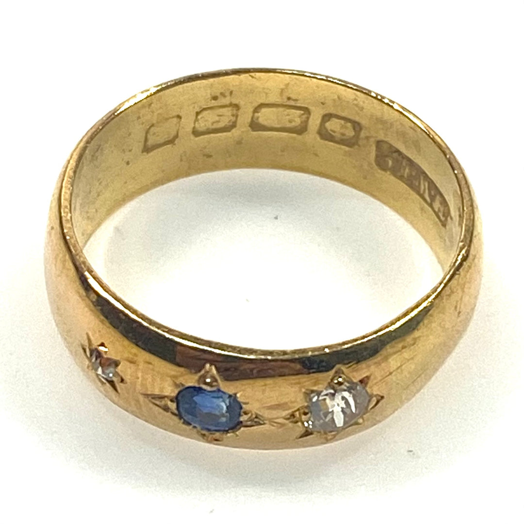 v741 Antique 18K Yellow Gold Blue Sapphire & Diamond Wedding Band Ring Size 5.5