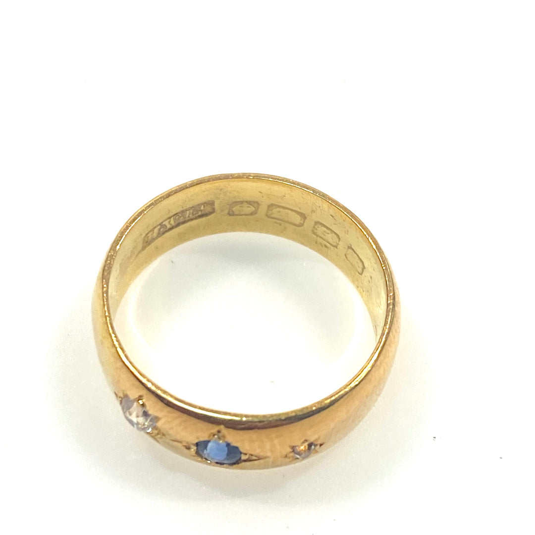 v741 Antique 18K Yellow Gold Blue Sapphire & Diamond Wedding Band Ring Size 5.5