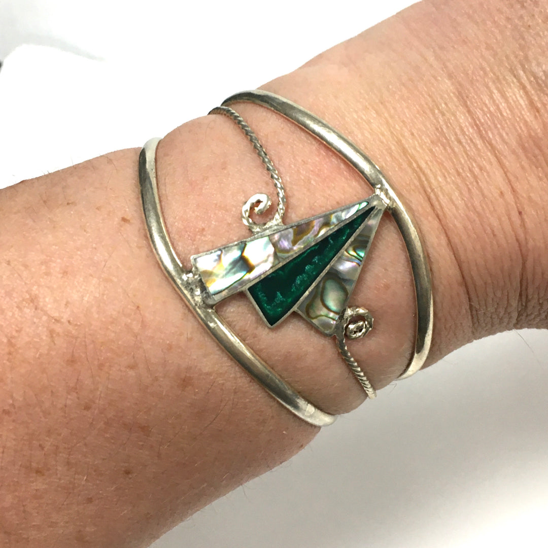 m743 Vintage Mexican "Alpaca" Silver Cuff Bracelet Geometric Inlays Abalone