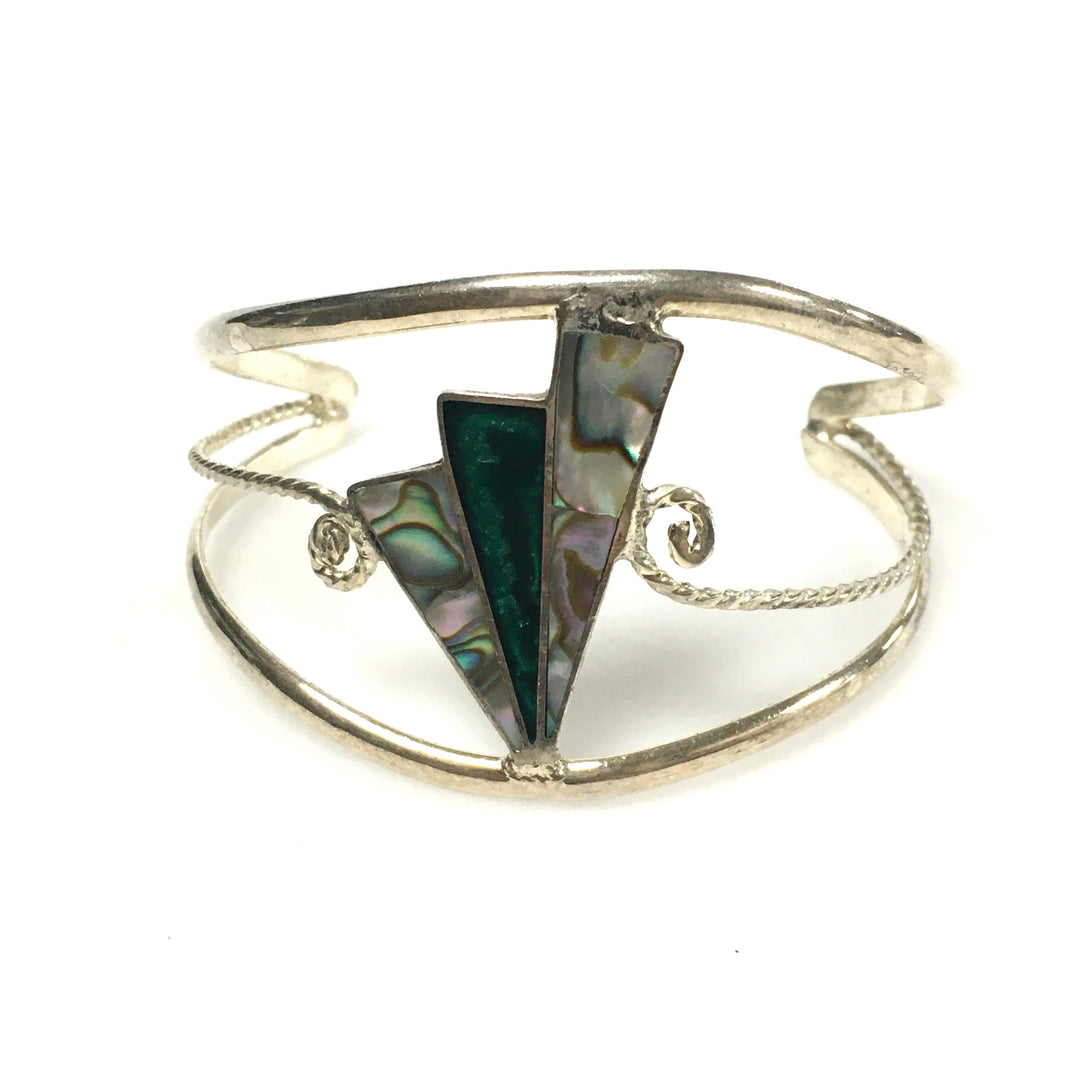 m743 Vintage Mexican "Alpaca" Silver Cuff Bracelet Geometric Inlays Abalone