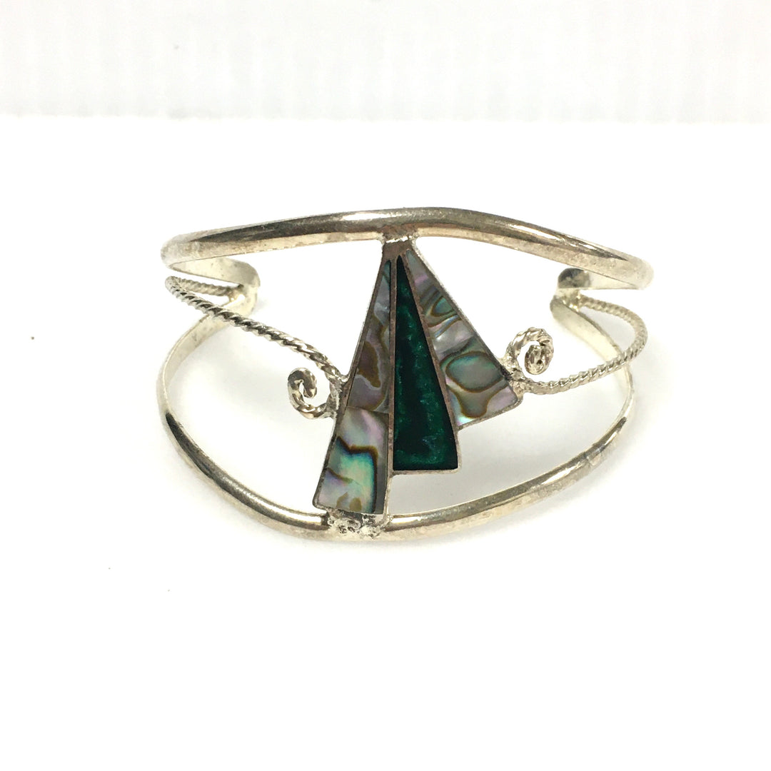 m743 Vintage Mexican "Alpaca" Silver Cuff Bracelet Geometric Inlays Abalone