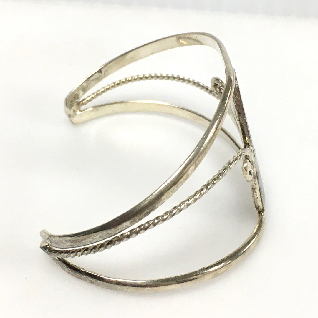 m743 Vintage Mexican "Alpaca" Silver Cuff Bracelet Geometric Inlays Abalone