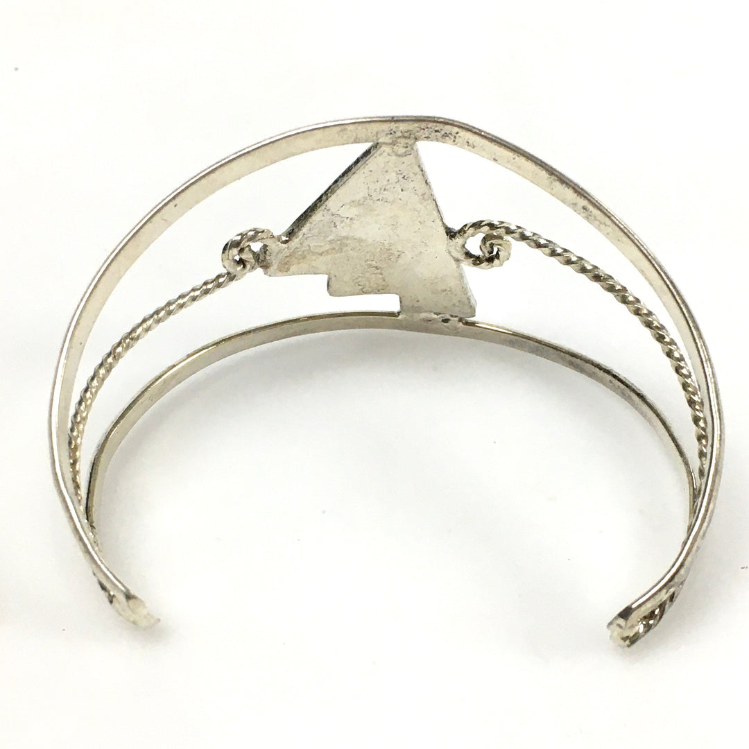 m743 Vintage Mexican "Alpaca" Silver Cuff Bracelet Geometric Inlays Abalone