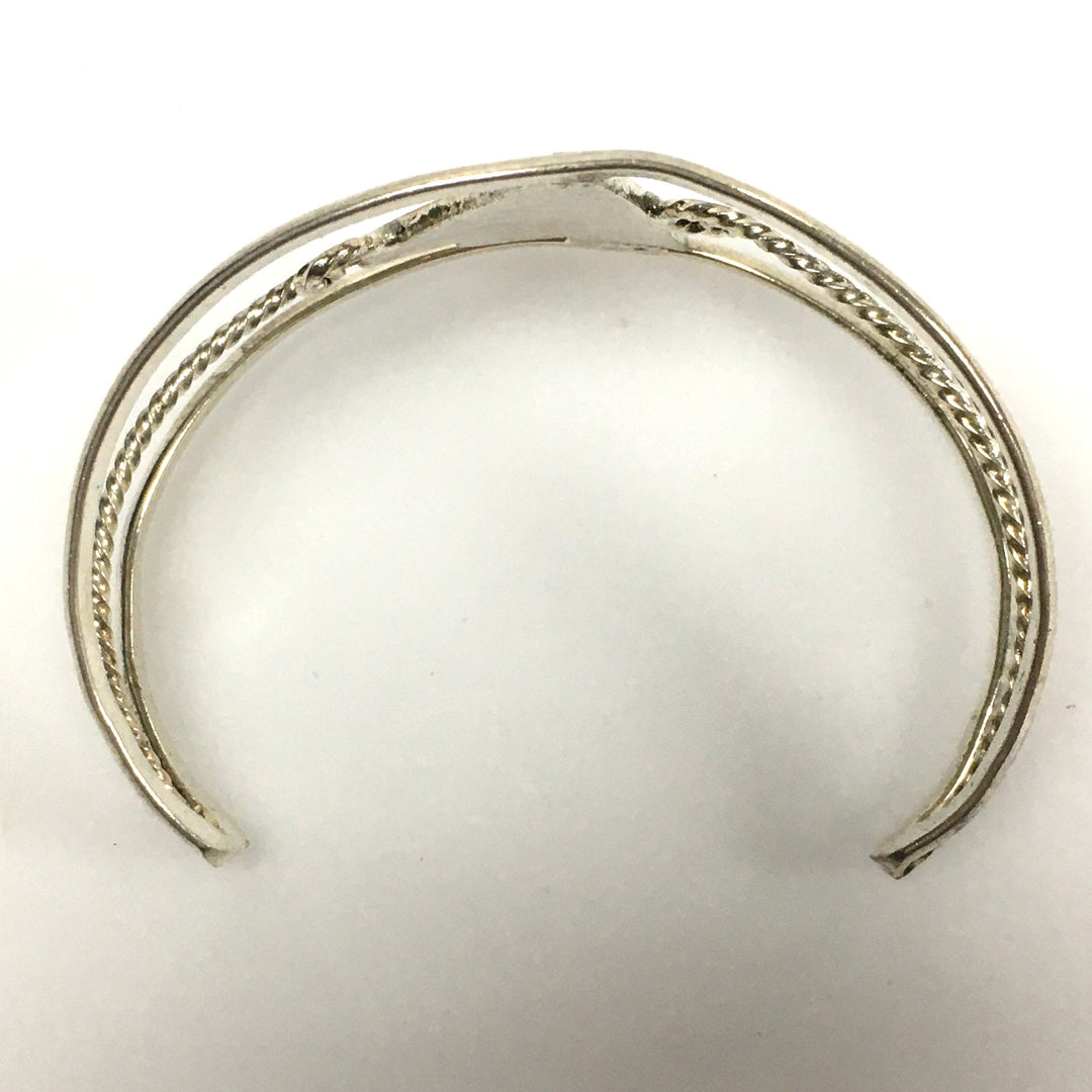m743 Vintage Mexican "Alpaca" Silver Cuff Bracelet Geometric Inlays Abalone