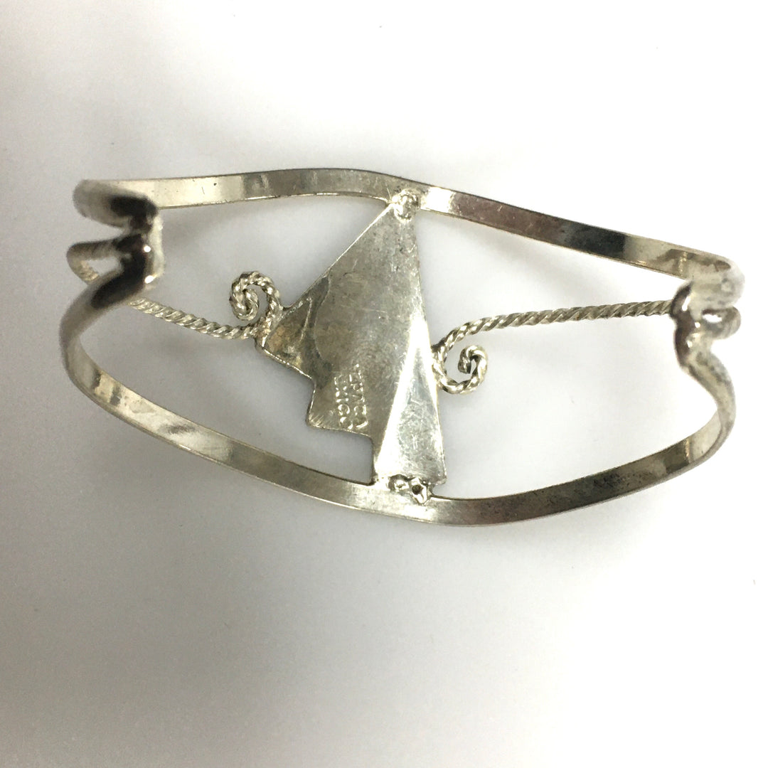 m743 Vintage Mexican "Alpaca" Silver Cuff Bracelet Geometric Inlays Abalone
