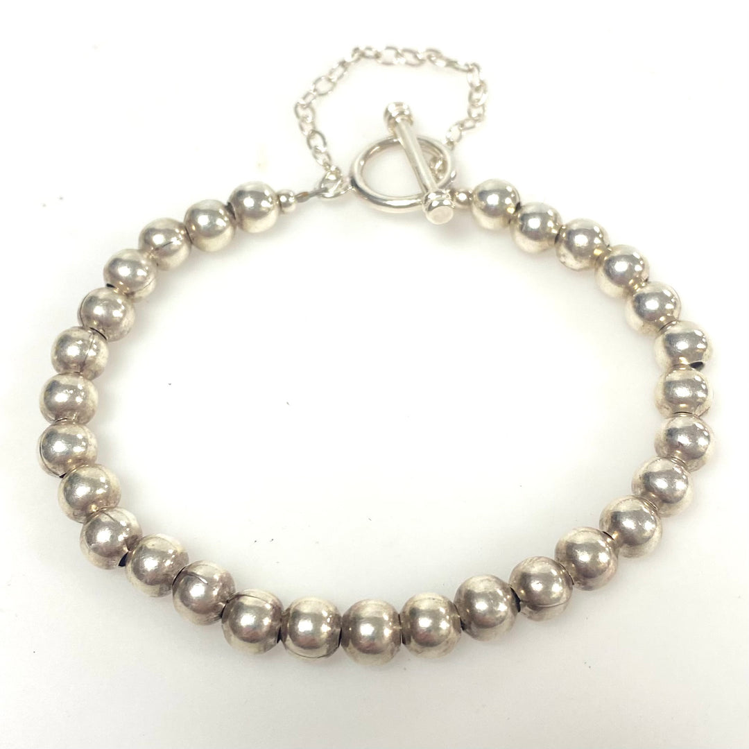 v747 Vintage Sterling Silver Beaded Toggle Clasp Bracelet 7" Long
