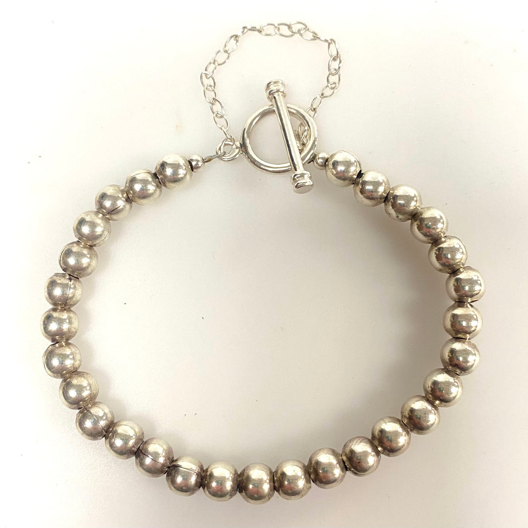 v747 Vintage Sterling Silver Beaded Toggle Clasp Bracelet 7" Long