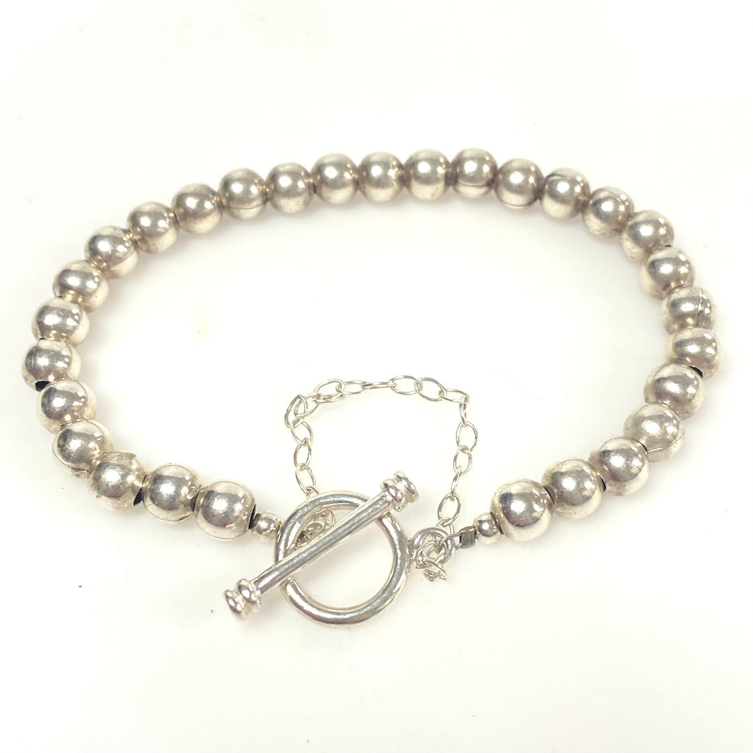 v747 Vintage Sterling Silver Beaded Toggle Clasp Bracelet 7" Long