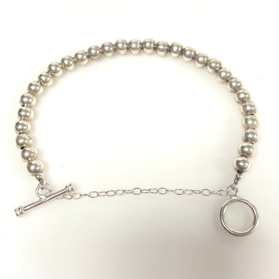 v747 Vintage Sterling Silver Beaded Toggle Clasp Bracelet 7" Long
