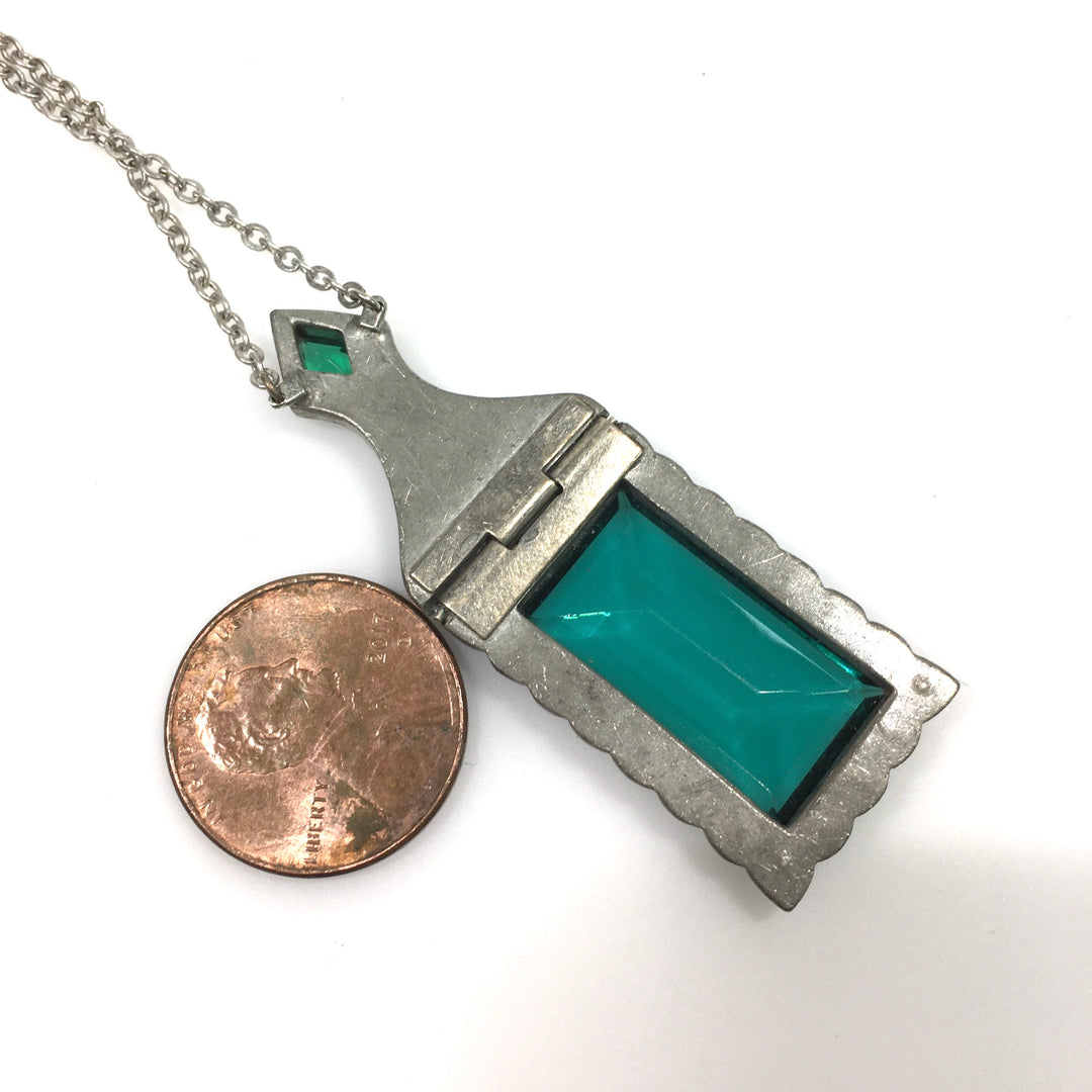 v749 Vintage Art Deco Style Rectangular Green and White Crystal Pendant Necklace
