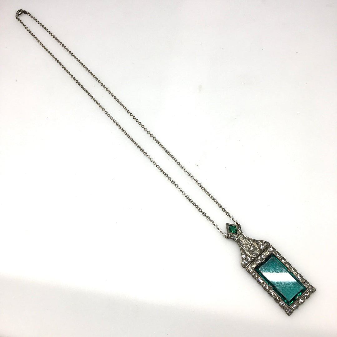 v749 Vintage Art Deco Style Rectangular Green and White Crystal Pendant Necklace