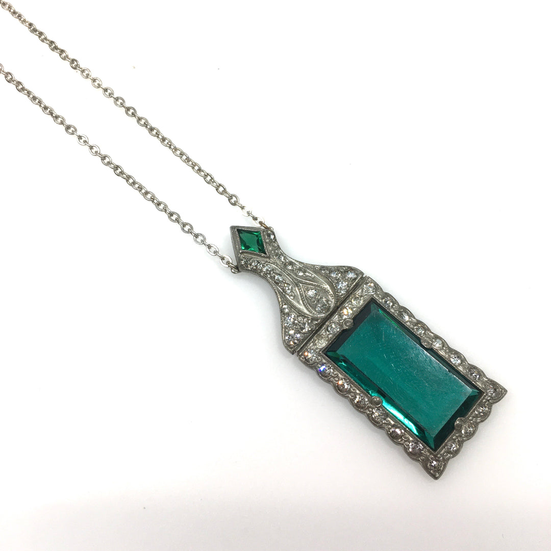 v749 Vintage Art Deco Style Rectangular Green and White Crystal Pendant Necklace